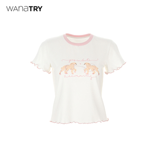 白色少女感休闲短袖 新品 女 try拼色领口可爱狗狗T恤2026春季 wana