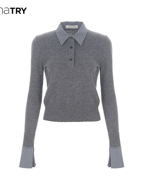 wana try100%绵羊毛撞色领拼接针织衫25秋新品百搭休闲polo上衣女