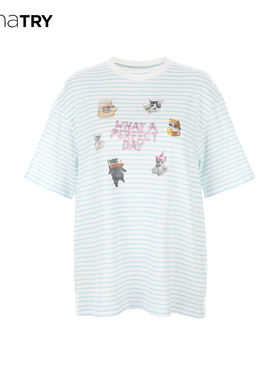 wana try条纹party猫咪短袖2026春季新品蓝白条纹休闲百搭T恤女