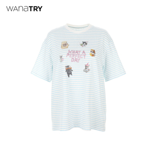 新品 2026春季 蓝白条纹休闲百搭T恤女 try条纹party猫咪短袖 wana