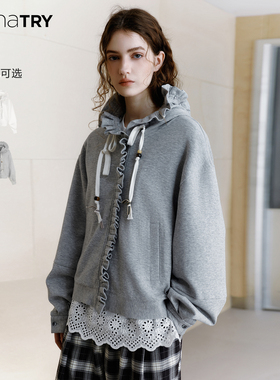 wana try装饰抽褶花边帽檐连帽卫衣2025秋季新品廓形休闲百搭外套