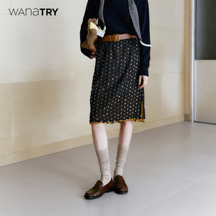 黑色时髦显瘦半裙 新品 wana try钉珠亮片直筒木耳边半身裙2025秋季