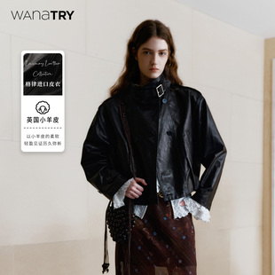 复古立领皮夹克女 新品 wana try进口小羊皮手工轻油蜡皮衣2025秋季