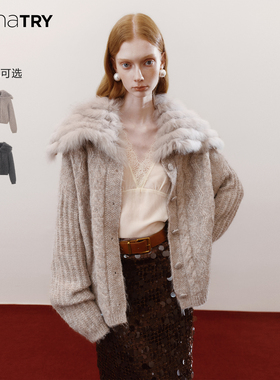 wana try貉皮毛领羊毛毛衣开衫2025冬季新品复古气质百搭上衣女
