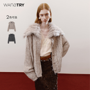 新品 2025冬季 复古气质百搭上衣女 try貉皮毛领羊毛毛衣开衫 wana