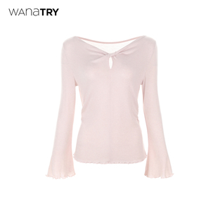 春秋新品 打底衫 粉紫色气质上衣女 try天丝羊毛纽结微喇袖 wana