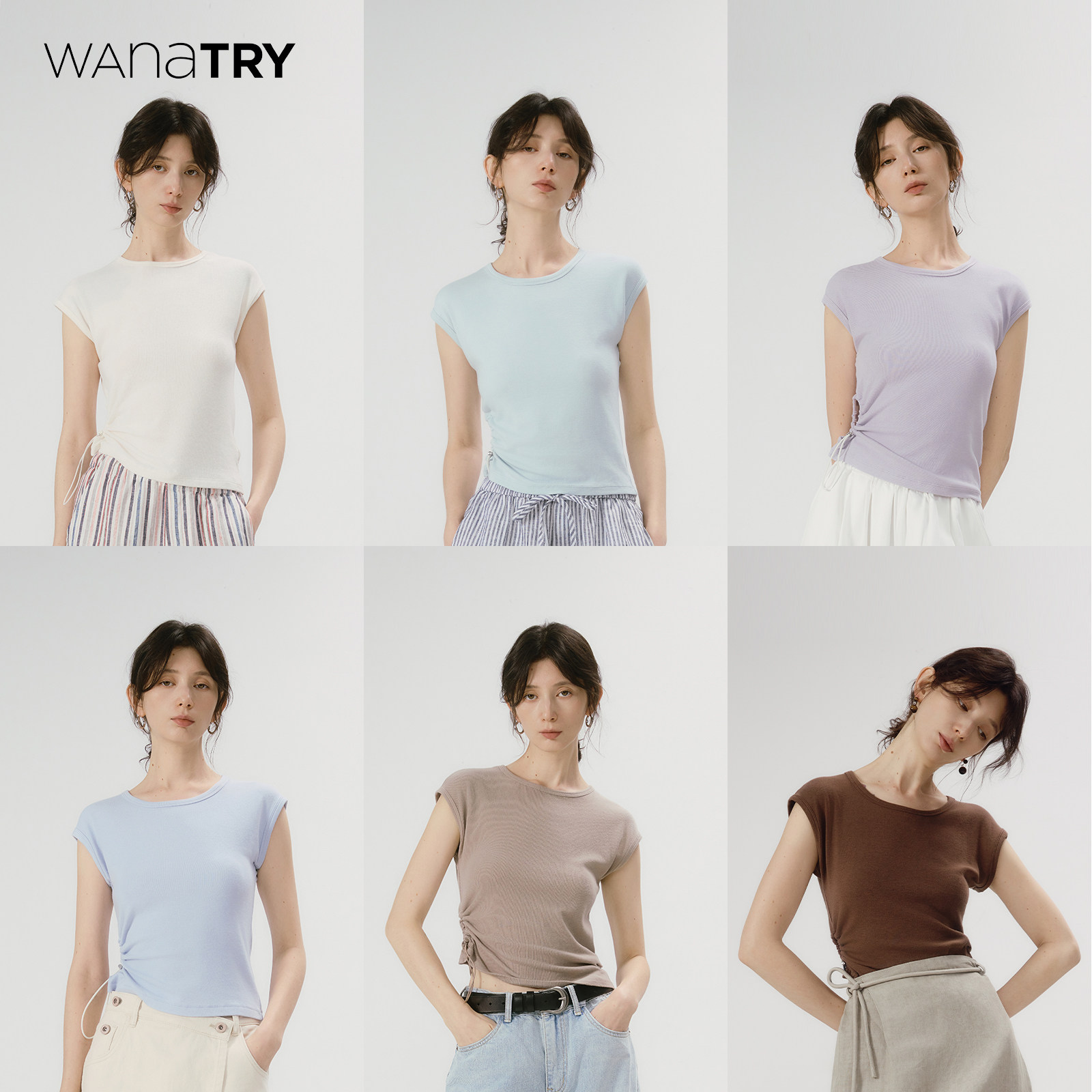 wana try棉质侧边抽绳设计上衣不对称纸片人T恤夏季新款短袖女,女装/女士精品,T恤,淘宝优惠券,粉丝福利购,淘宝优惠卷