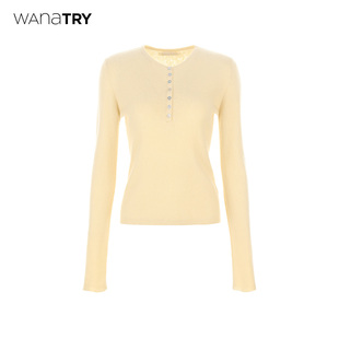 新品 2025秋季 奶黄色简约百搭上衣女 try100%羊毛纽扣针织衫 wana