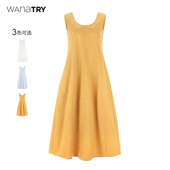 wana try极简气质棉质无袖 连衣裙背心裙高腰拼接休闲蓬蓬宽松长裙