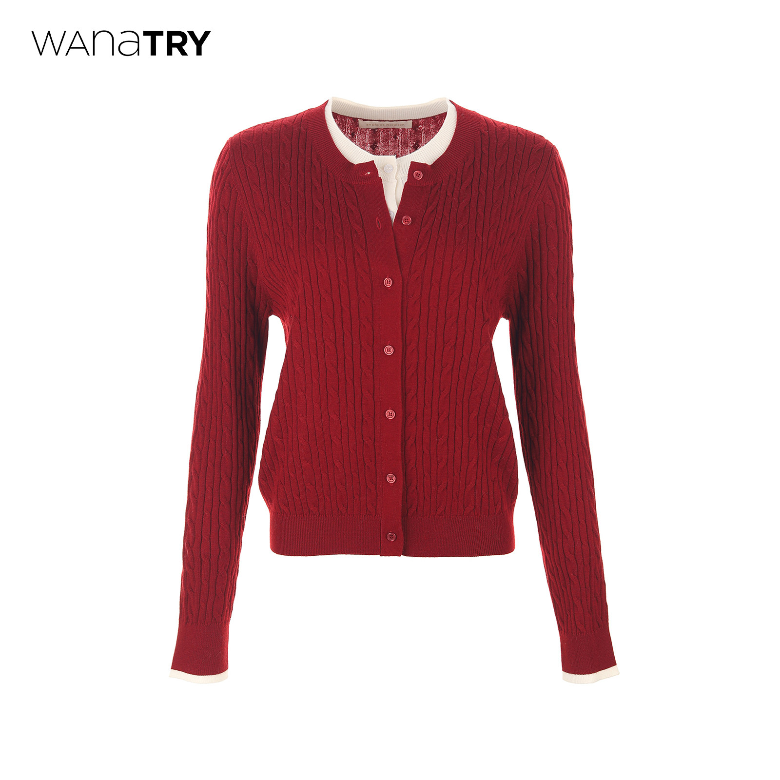 wana try羊毛绞花假两件针织开衫25冬季新品红色节日感百搭上衣女,女装/女士精品,毛针织衫,淘宝优惠券,粉丝福利购,淘宝优惠卷