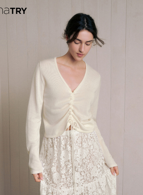 wana try羊毛抽绳设计感针织衫25秋冬新品白色时髦休闲百搭上衣女