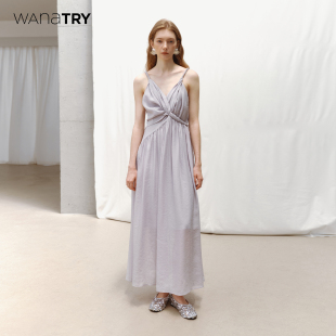 气质连衣裙 新品 wana try莫奈紫气质V领扭结吊带连衣裙2025夏季