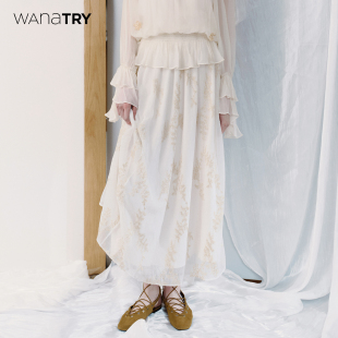 高级时髦气质双层半裙女 新品 wana try金线绣花纹理感长裙2026春季