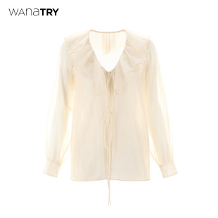 杏色甜美温柔感上衣女 春夏新品 wana try仙气感重工荷叶边衬衫