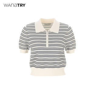 黑白条纹polo领针织T恤女 wana try简约通勤百搭短袖 2025夏季 新品