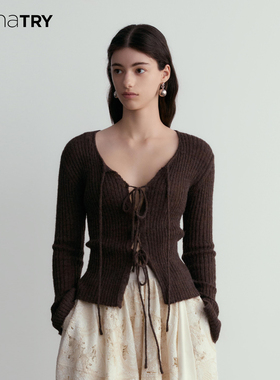 wana try韩系简约百搭系带针织衫早秋新品咖色修身显瘦休闲上衣女