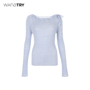 新品 2026春季 蓝色设计感上衣 try温柔感一字肩斜肩抽绳针织衫 wana