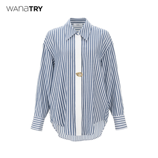 2025秋新品 条纹百搭衬衫 蓝色休闲宽松显瘦舒适上衣女 try经典 wana