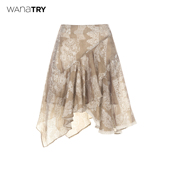 wana 气质休闲咖色底半裙女 try天丝蕾丝印花不规则半裙春夏新品