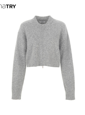 wana try羊毛拉链合身款通勤开衫2025秋冬新品灰色简约百搭上衣女
