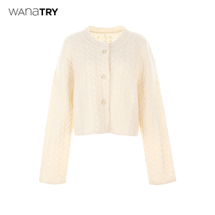 新品 25秋季 简约韩系上衣 try100%羊毛花瓣边绞花宽松针织开衫 wana