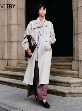 wana try100%羊毛廓形双面大衣2025早秋新品灰色设计感休闲外套女