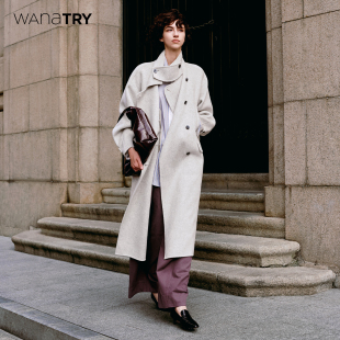 wana 灰色设计感休闲外套女 try100%羊毛廓形双面大衣2025早秋新品