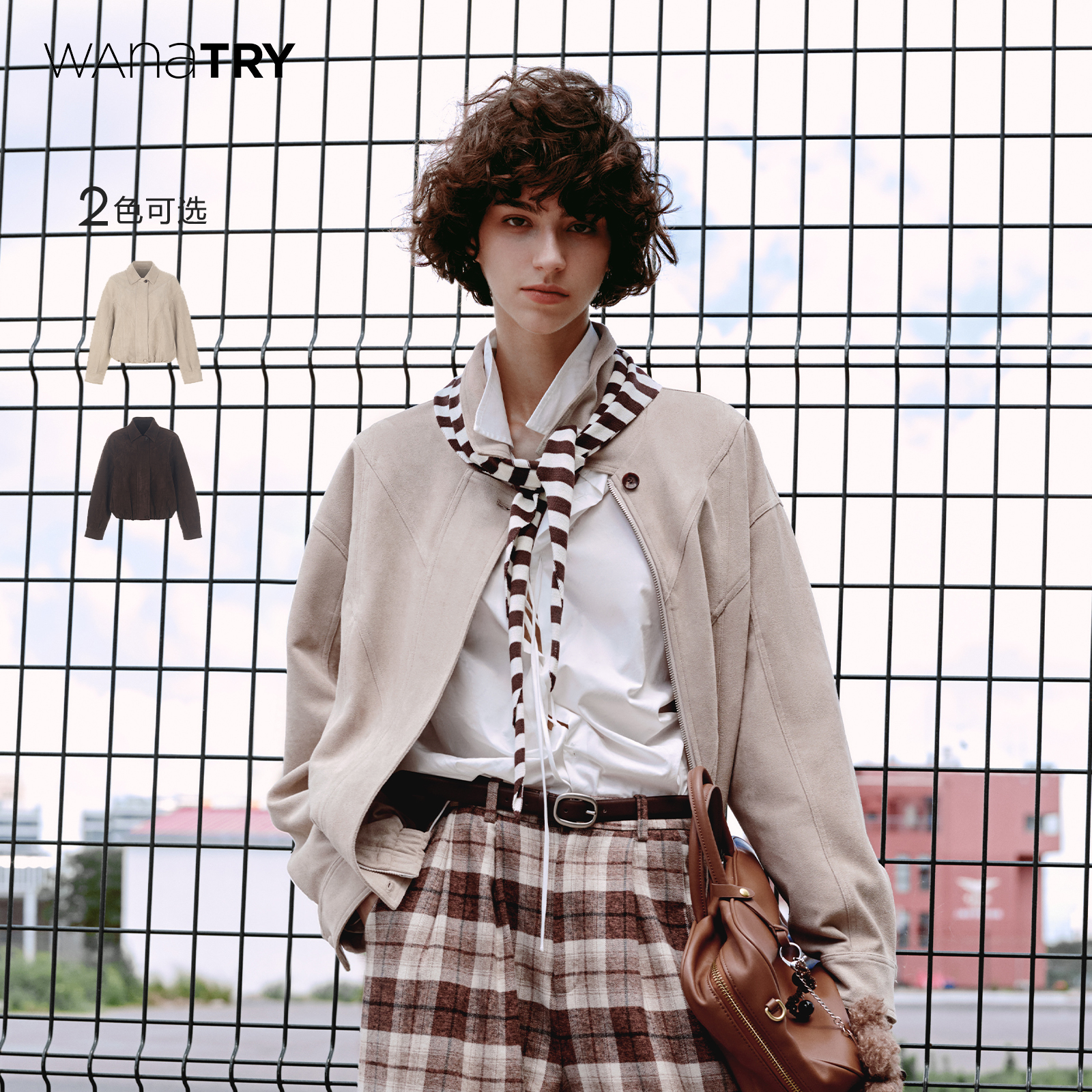 wanatry环保麂皮翻领复古夹克女