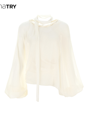 【明星同款】wana try编织领口重工衬衫2025夏新品奶白色温柔上衣