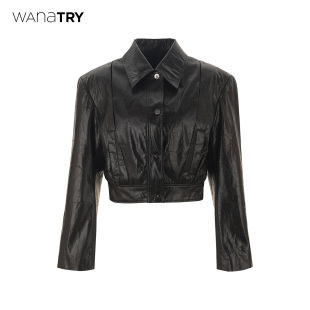 wana 上衣女 try美拉德外套皮衣裂纹质感皮夹克宽松潮酷翻领短款