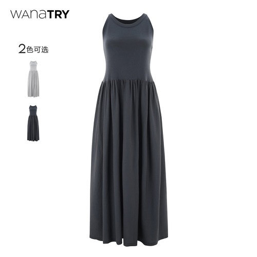 wanatry气质女神拼接无袖连衣裙