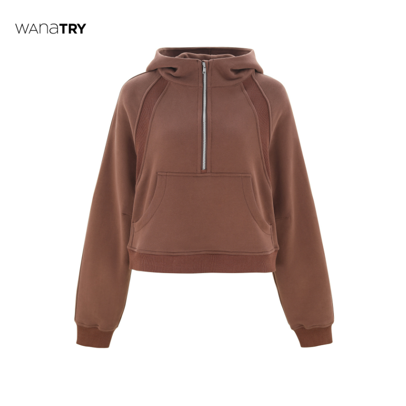 wanatry咖色分割拼接连帽卫衣