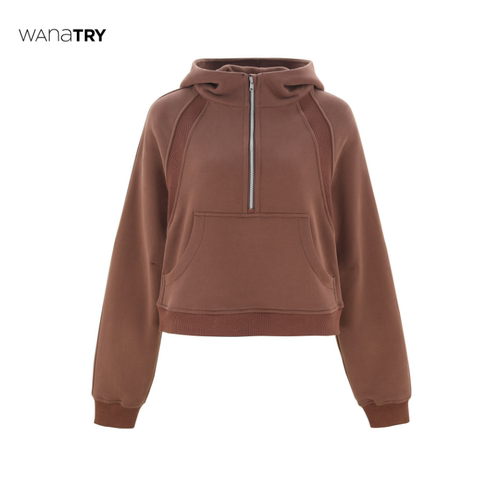 wanatry咖色分割拼接连帽卫衣