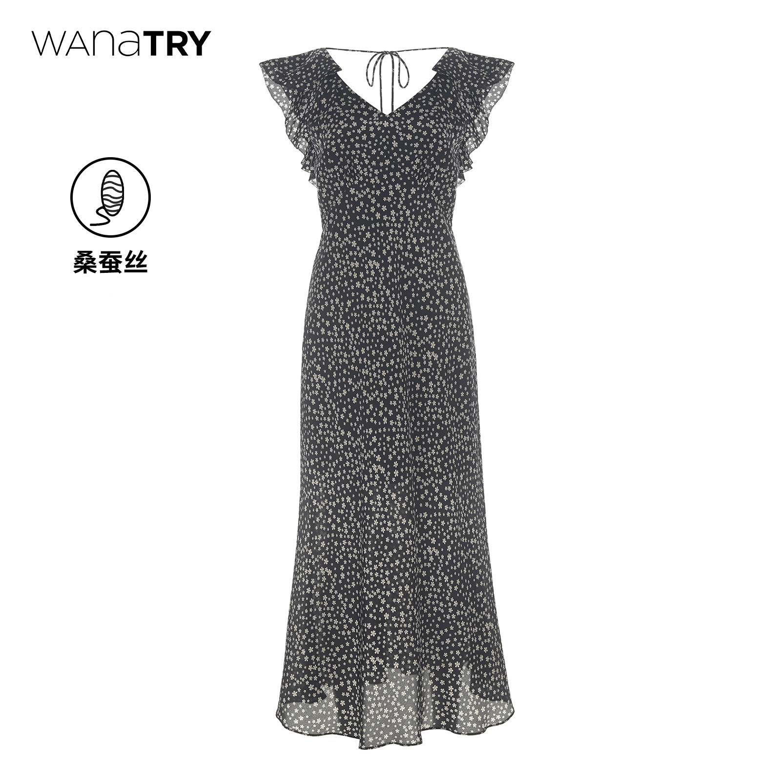 wanatry黑色桑蚕丝显瘦连衣裙女