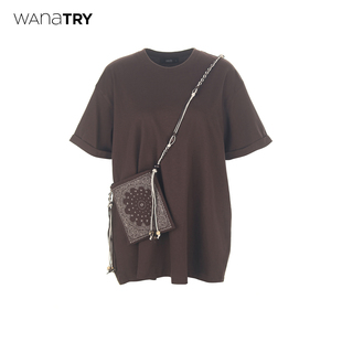 咖色休闲百搭短袖 新品 女 try韩系廓形T恤自带小挎包2025夏季 wana