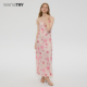 新款 wana try粉色莫代尔桑蚕丝抽象光感斜裁显瘦连衣裙夏季 长裙子