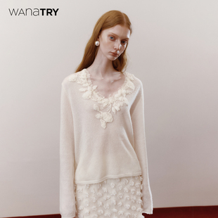 明星同款 新品 wana 冬季 韩系简约上衣女 try羊毛花边V领针织衫