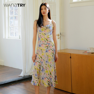 无袖 wana 连衣裙女装 新款 度假感中长裙 try油画感花卉吊带裙夏季