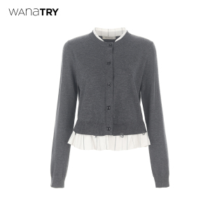 灰色简约百搭上衣女 2025秋新品 wana try羊毛压褶下摆智感针织开衫
