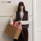 新品 wana try羊毛复古格纹蕾丝拼接马甲25冬季 咖色时髦韩系上衣女