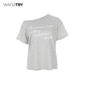 wana 灰色字母印花休闲短袖 try韩系简约斜肩花边T恤2025夏季 新品