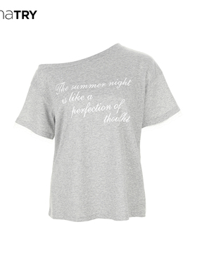 wana try韩系简约斜肩花边T恤2025夏季新品灰色字母印花休闲短袖