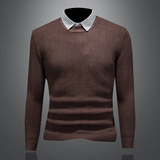 2025秋冬毛衣假两件条纹衬衫领针织毛衣打底衫D316-8205-P100，男装针织衫/毛衣，电商D316