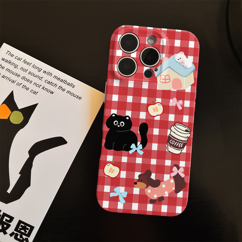韩系格子猫咪适用苹果17promax菲林手机壳iPhone16全包软壳华为P80小米VIVOX300荣耀一加OPPO韩版ins风保护套