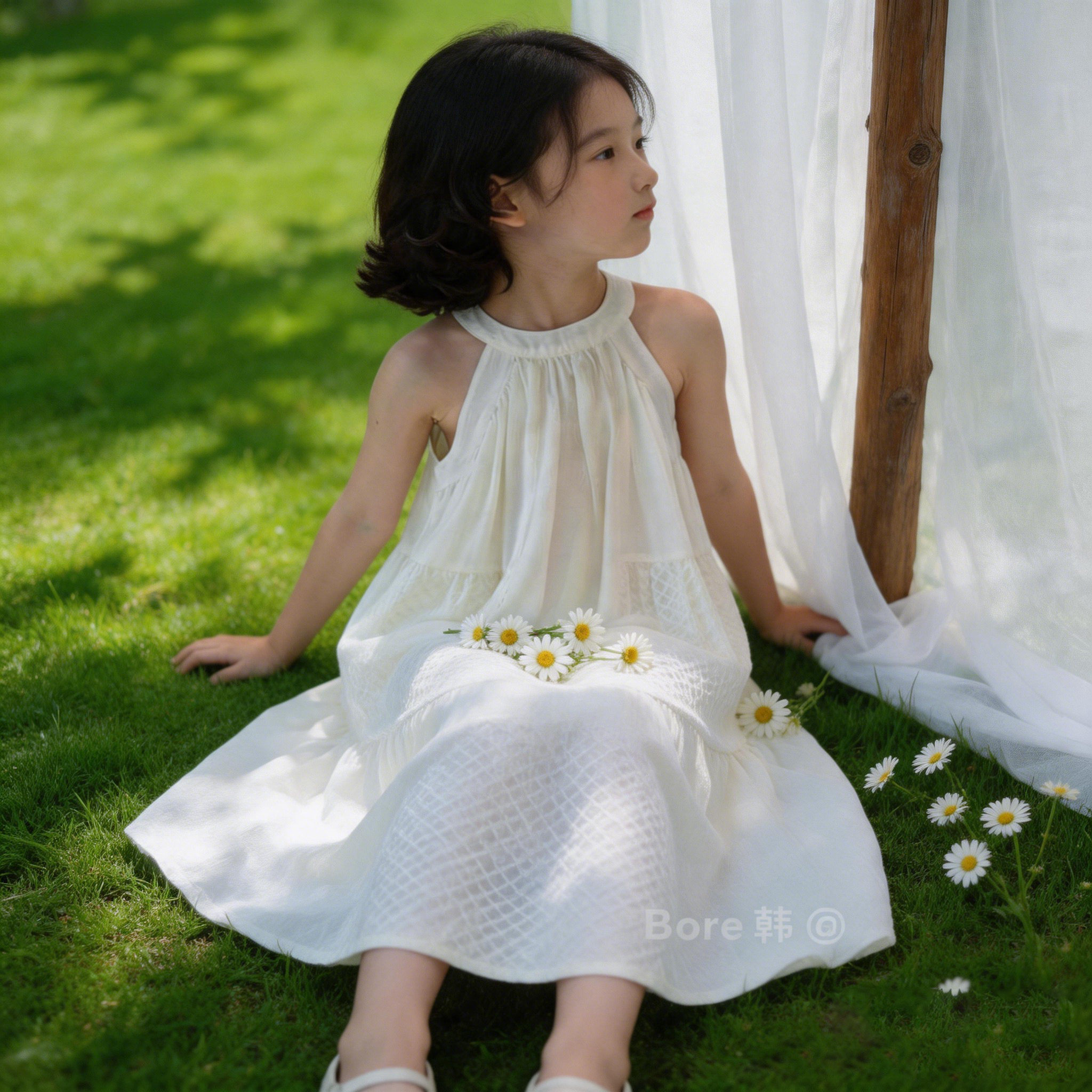 女童连衣裙白色儿童裙子无袖夏装2025新款气质挂脖大童背心长裙
