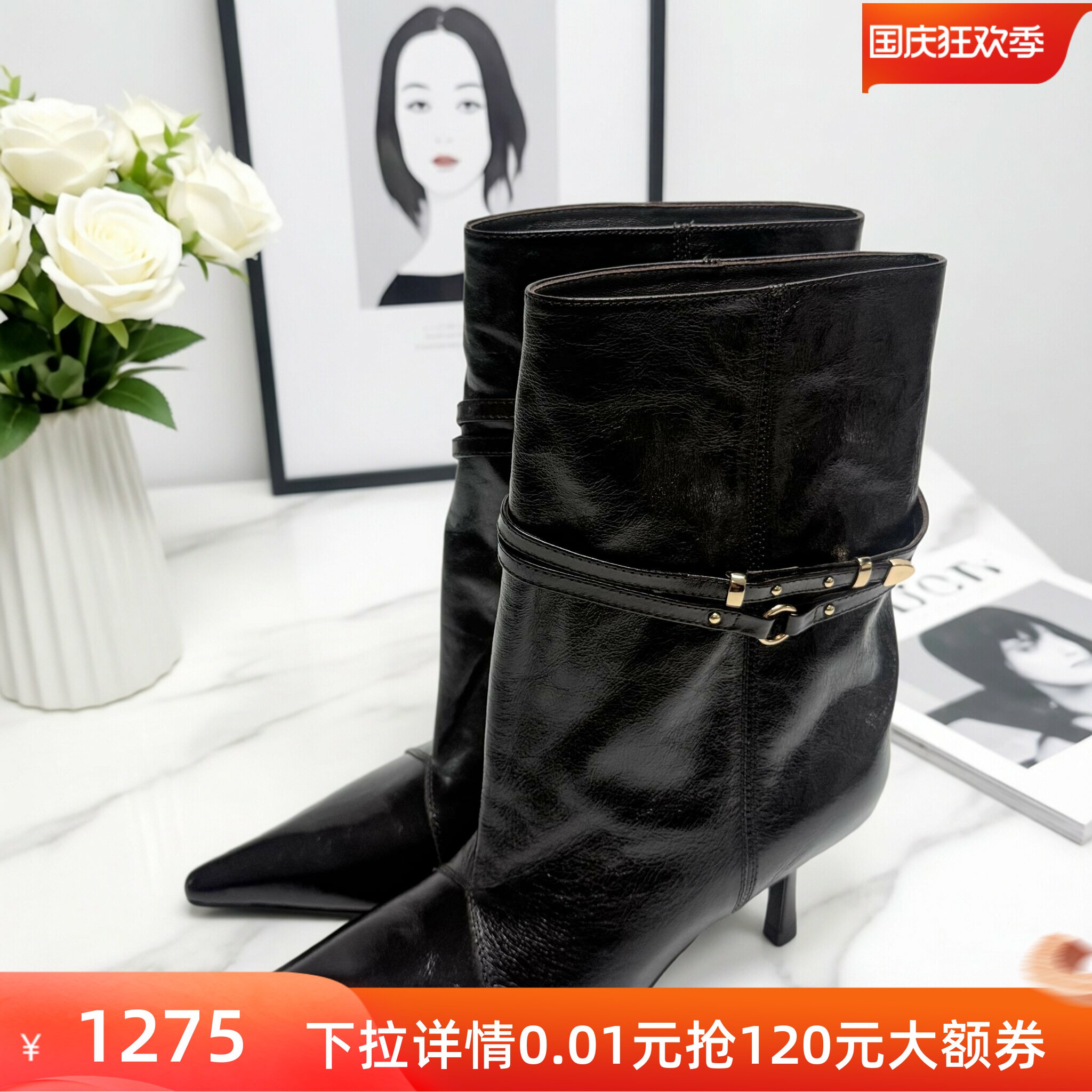 欧美风真皮尖头细跟短靴女