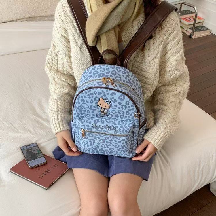 韩版蓝色豹纹凯蒂猫双肩包包女小众设计复古百搭大容量手提单肩包