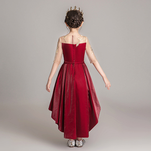 公主裙女童前短後长模特走秀红色花童小主持人儿童钢琴演出服礼服