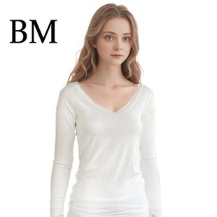 打底衫 BM新款 温柔风大V领蕾丝内搭白色简约高级舒适T恤基础百搭款