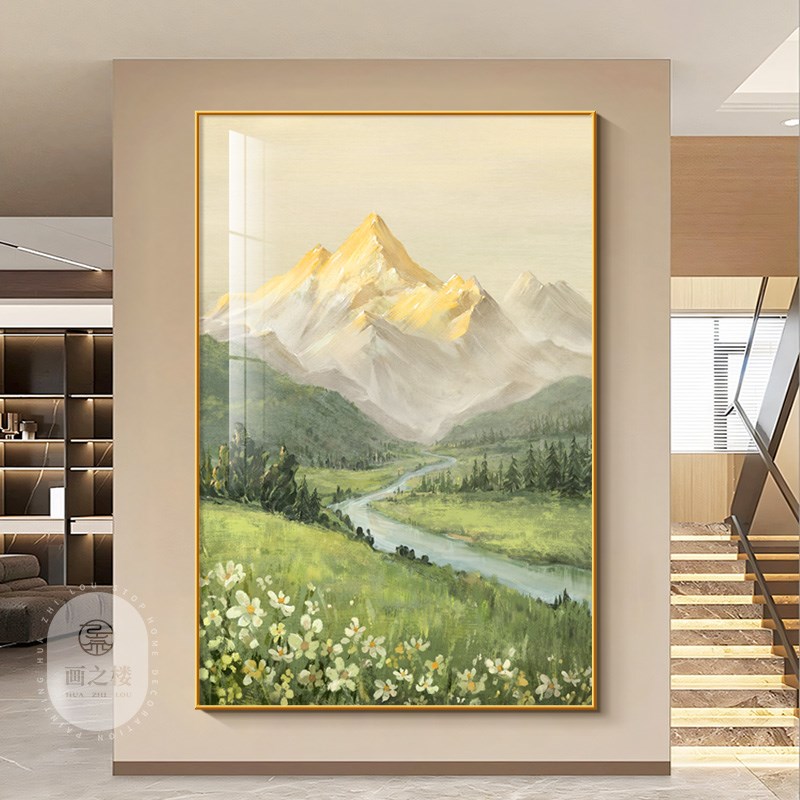 日照金山入户门玄关装饰画奶油风山水画客厅挂画大气过道装饰壁画